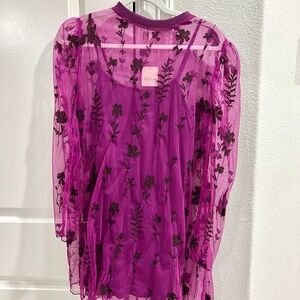 Free People Purple Mesh Dress with Black Floral Detail